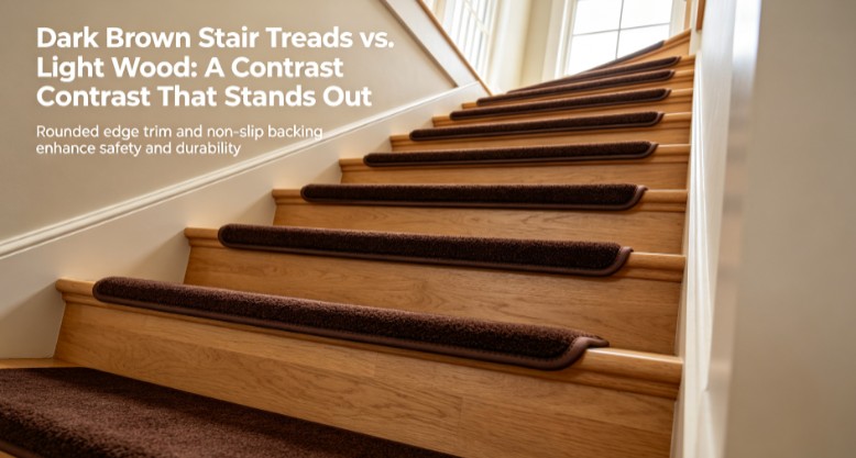 Tapetes antideslizantes de color marr&oacute;n oscuro instalados en escaleras de madera